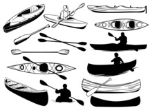 Set Of Canoe Silhouettes. Collection Of People Floating In A Kayak. Black And White Illustration Of A Kayak. Rowing Boat Vector Drawing For Logo