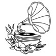 Illustration of floral gramophone. Retro vinyl players. Equipment of music playing  for music lovers. Musical logotype. Tattoo. 