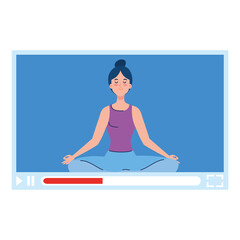 Wall Mural - online, yoga concept, woman practices yoga and meditation, watching a broadcast on a web page