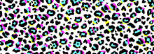 Vector Seamless Leopard Colorful Print. Minimal Cute Animal Children Pattern With Little Heart. Fabric For Leggings, Tote Makeup Bag, Carry-all Pouch, Pillow, T-shirt Design. Black, Yellow, Blue, Pink