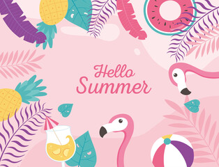 Poster - flamingos cocktail beach ball float exotic tropical leaves, hello summer lettering