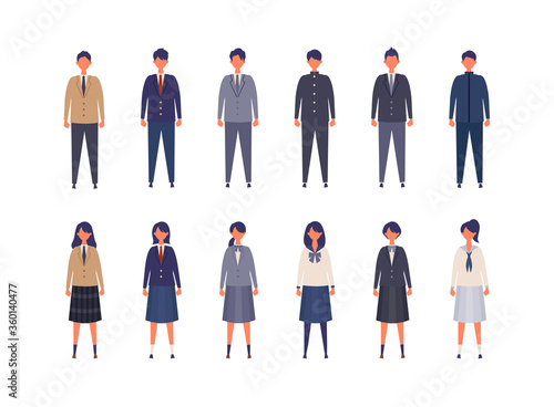 Fototapete 様々な制服を着た男女の高校生 中学生のイラスト 色々なブレザー 学生服を着た学生のベクターイラスト 新入学 学生 生活のコンセプトイメージ Shirokuma Design