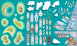 Vector set. Summer vacation. Islands, ships, ports. (top view) Time to travel - sun, sea, island, sand, yacht, airplane, clouds. (view from above)