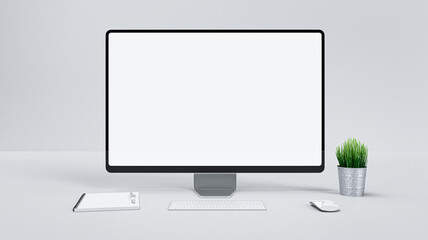 Poster - Blank computer monitor mockup with keyboard and mouse on white desk – minimalist workspace