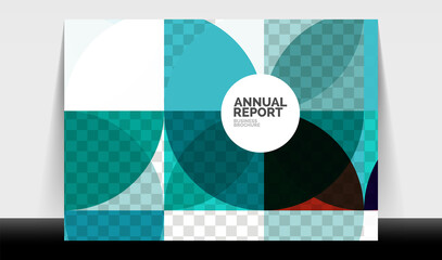 Horizontal A4 business flyer annual report template, circles and triangle style shapes modern geometric design for brochure layout, magazine or booklet