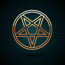 Gold Line Pentagram In A Circle Icon Isolated On Dark Blue Background. Magic Occult Star Symbol. Vector Illustration.