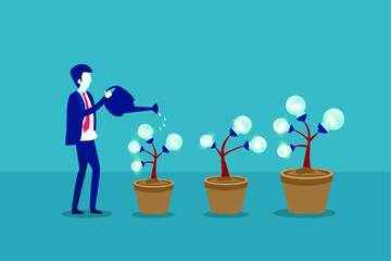 Business idea vector concept: Businessman watering the light bulb plants