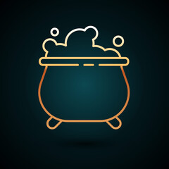 Gold line Witch cauldron icon isolated on dark blue background. Happy Halloween party. Vector Illustration.