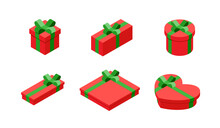 Isometric Gift Boxes On White Background, Vector Illustration. Bright, Red Present And Gift Boxes With Green Ribbon Bows.