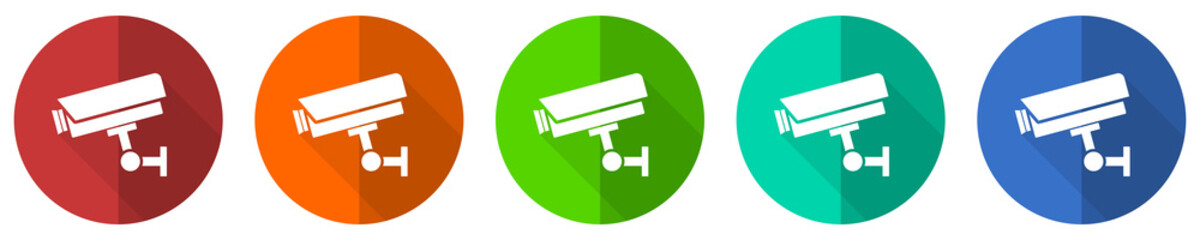 Poster - Cctv camera icon set, red, blue, green and orange flat design web buttons isolated on white background, vector illustration