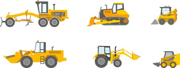 Set of construction equipment: bulldozer isolated on a white background. Excavator work at a construction site, in a quarry, for road works. Flat infographics. Vector illustration