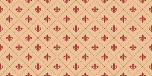Red And Beige Fleur De Lis Luxury Pattern. Royal Ornamental Seamless Background.