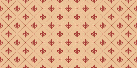 Red and beige Fleur De Lis luxury pattern. Royal ornamental seamless background.