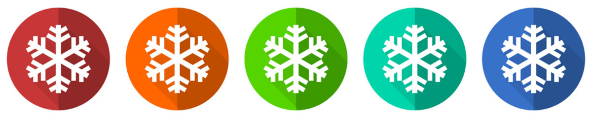 Poster - Snow icon set, red, blue, green and orange flat design web buttons isolated on white background, vector illustration
