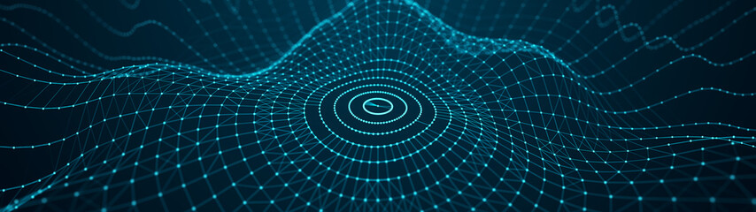 Poster - Abstract dynamic wave of particles. Network of bright points and lines. Big data. Digital background. 3d rendering.