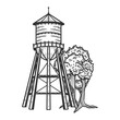 Water tower sketch engraving vector illustration. T-shirt apparel print design. Scratch board imitation. Black and white hand drawn image.