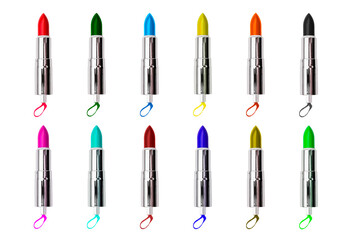 Open tubes of lipstick in different colors, isolated on a white background. Women's cosmetics and fashion background. A set of open tubes of lipstick in the silver packaging.