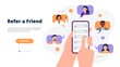 Referral program concept. Hands holding a phone with contacts of friends. Social media marketing for friends. Trendy flat vector illustration for banners, landing page template, mobile app.