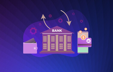 Poster - Bank money transfer operations concept illustration. Bank building with atm credit or debit card with different currencies, around gears and arrows. Online banking mobile application for money change.
