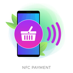 Poster - nfc payment - mobile money transferring technology concept. contactless buy with smartphone, use onl