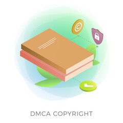Poster - DMCA Protection - Digital Millennium Copyright Act isometric vector icon. Security Content, electronic digital contract, intellectual property book with lock isolated on white background.