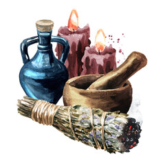 Bunch of aromatic herbs for fumigation, candles, mortar and witch's bottle. Witchcraft, Magic and esoteric concept. Hand drawn watercolor illustration isolated on white background