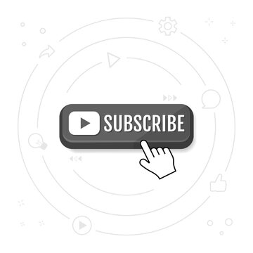 Subscribe, call button and hand cursor. Black button for subscribing to a channel, blog. Social network web button, channel element, video content. Social media concept.