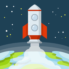 Wall Mural - rocket. launch of spaceship. flight into space. red and white spacecraft. takeoff from the planet wi