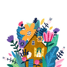 Lovely House Surrounded By Bright Colors. T Shirt Print, Wall Art, Poster, Postcard, Banner Design Element. Inscription With Doodle Flowers.
