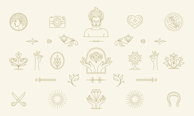 Wall Mural - Vector line feminine decoration design elements set - women face and gesture hands illustrations simple linear style