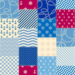 Fototapete - Seamless pattern. Patchwork pattern in marine style. Vector illustration.
