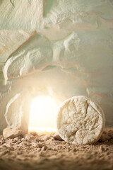 Wall Mural - Jesus Christ resurrection. Christian Easter concept. Empty tomb of Jesus with light. Born to Die, Born to Rise. 