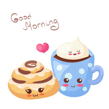 Kawaii Vector Illustration With Happy Funny Food Characters. Adorable Sweet Bun With Topping & Cocoa With Marshmallow. Kids Menu Elements With Lettering. Smiling Cinnamon Roll With Cute Hot Drink.
