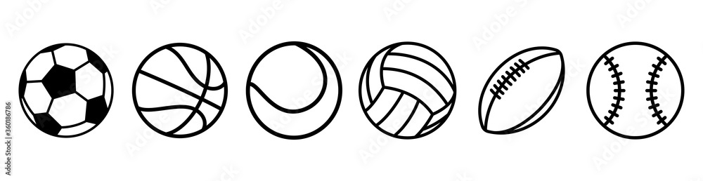 Sport balls set. Ball icons. Balls for Football, Soccer, Basketball, Tennis, Baseball, Volleyball. Vector illustration - obrazy, fototapety, plakaty 