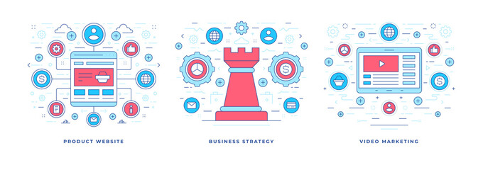 Poster - Set of vector illustrations line flat designs of banners with icons created for modern business production