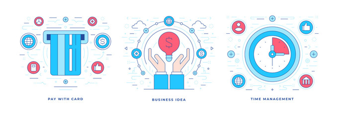 Poster - Line vector illustrations of modern solutions for successful business with icons for social media marketing banners