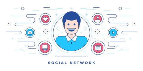 Poster - Flat line banner design with happy man and icons created for modern website with social network marketing campaign