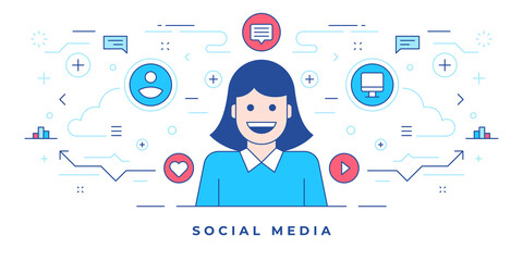Poster - Line flat banner design with happy woman and icons created for modern website offering social media marketing service