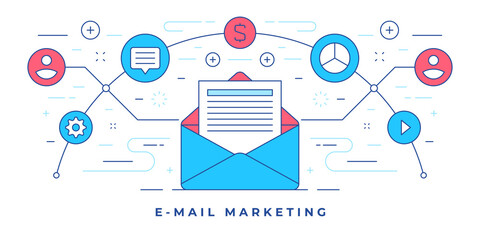 Poster - Vector illustration of flat line banner with letter envelope and icons for website advertising email marketing services