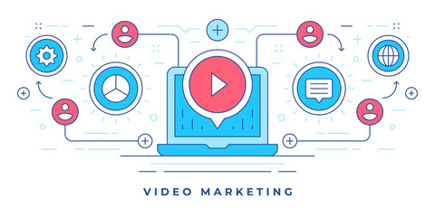 Poster - Vector illustration of flat line banner with modern laptop and icons for video marketing services in social media