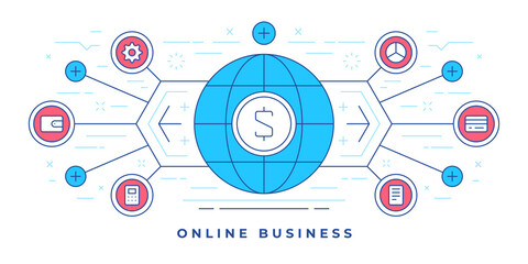 Poster - Vector illustration of flat line banner with globe and money colorful icons for website online business services