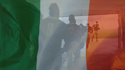 Sticker - Animation of Irish flag waving over a multi-ethnic male rugby team running to the pitch