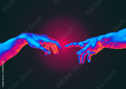 Fotografía Reaching hands from The Creation of Adam of Michelangelo abstract illustration in vaporwave style on dark background and red light
