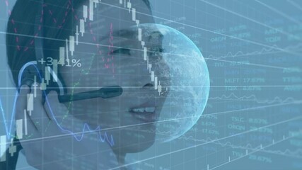 Poster - Animation of Asian woman wearing headset and talking over globe spinning and data recording