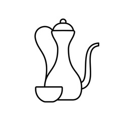 Wall Mural - Arabic jug with cup. Tea set icon. Line art antique pitcher for coffee. Black illustration of kettle with long thin spout, bowl. Contour isolated vector emblem, white background