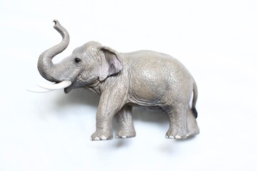 Toy plastic elephant. African elephant view on white background. Animal plastic toys for kids. 