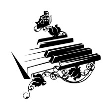 Piano Keys With Rose Flowers And Butterfly - Classical Music And Nature Harmony Black And White Vector Design
