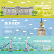 London tourist landmark banners. Vector illustration with London famous buildings. Tower bridge, Big Ben and Buckingham Palace