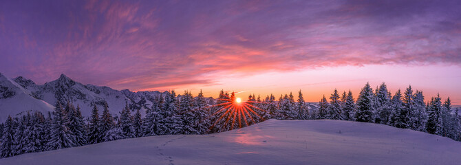 sunset in the mountains during beautiful winter time, Switzerland, Gantrisch nature park