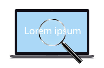 Poster - Illustration of laptop with blue screen and magnifying glass examining text, vector